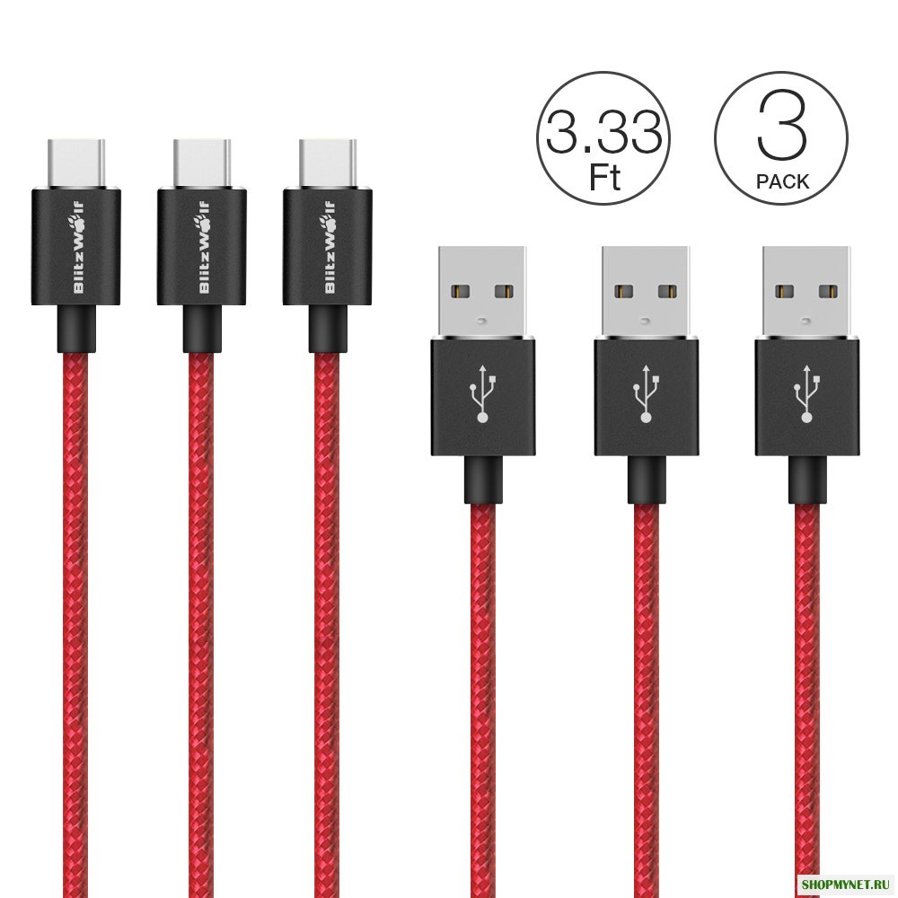 3 Пакет BlitzWolf® BW-ТС1 3.33ft / 1м 3A USB Type-C Плетеный зарядный кабель для передачи данных с Magic Tape ремешком