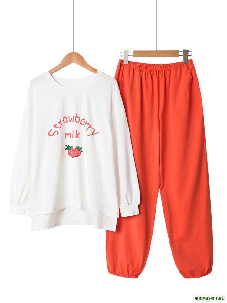 Хлопковая печать O Шея Loungewear с длинными рукавами пижамы